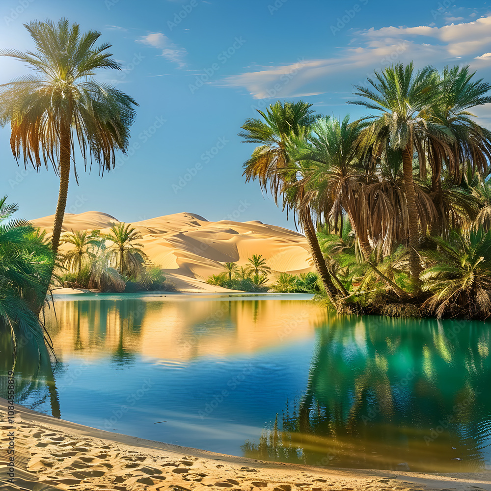 Serene Oasis: Lush Palm Trees and Crystal-Clear Pool in Expansive Desert Serene Oasis: Lush Palm Trees and Crystal-Clear Pool in Expansive Desert