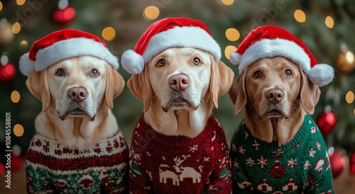 Three dogs dressed in festive attire during the holiday season in a cozy indo...