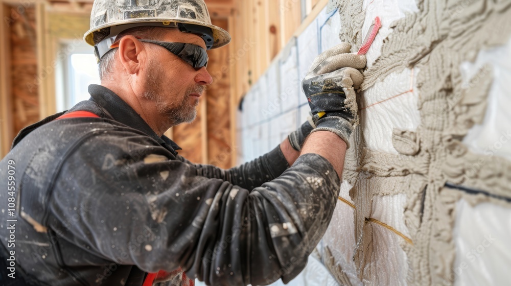 Obraz premium Contractor Installing Insulation in Basement of Newly Built House for Energy Efficiency