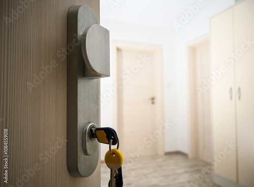 Photography Keys inserted in a door lock, symbolizing security, access, and privacy in resid