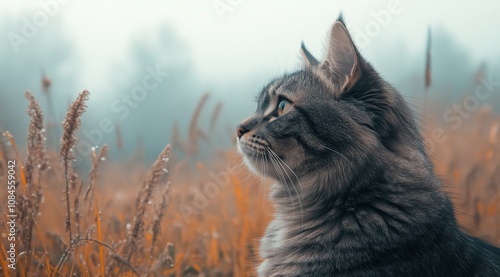 A gray tabby cat observing its surroundings in a foggy meadow at dusk