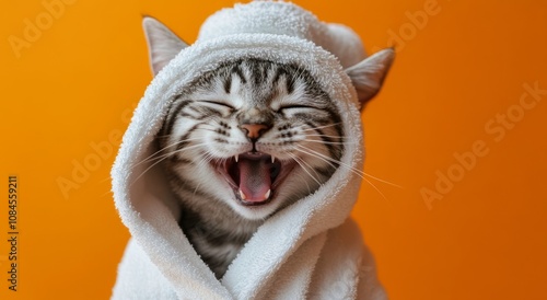 Cat yawning while wrapped in a white towel against an orange background durin...