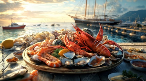 A mouthwatering seafood platter bursting with ocean flavors, set on a serene dock with boats sailing in the distance. Ultra-realistic, hypermaximalist 8K fine detail photography photo