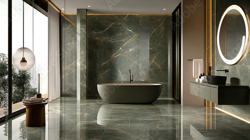 Natural breccia marble tiles in green create a luxurious texture for ceramic walls and floors, reflecting the quality of Emperador premium Italian glossy granite photo