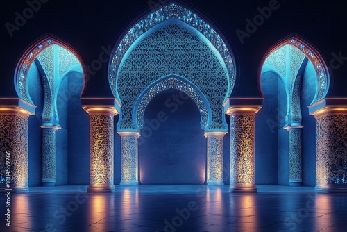 Intricate architectural design of illuminated arches in a serene blue setting...