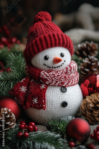 Cute snowman wearing a red hat and scarf surrounded by festive decorations du...