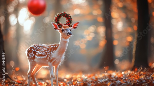 A young deer adorned with a floral crown stands gracefully among golden autum...