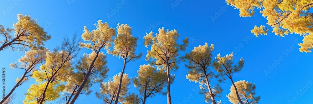 Tall trees with leaves of different shapes and sizes against a clear blue sky on a warm sunny day, tree bark, leaf texture Tall trees with leaves of different shapes and sizes against a clear blue sky on a warm sunny day, tree bark, leaf texture