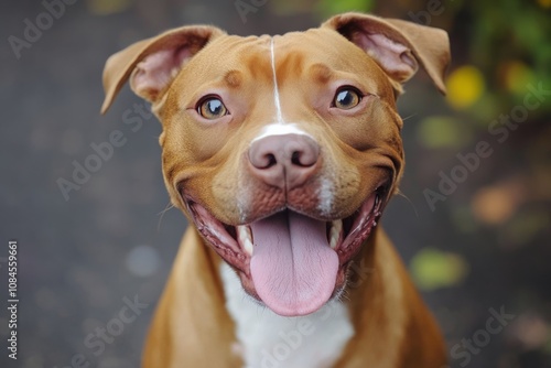 Happy dog with a playful expression enjoying a sunny day outdoors in a garden...