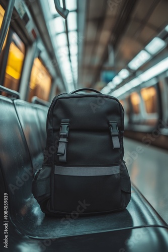 A black backpack rests on a subway seat during a quiet morning commute in an ...