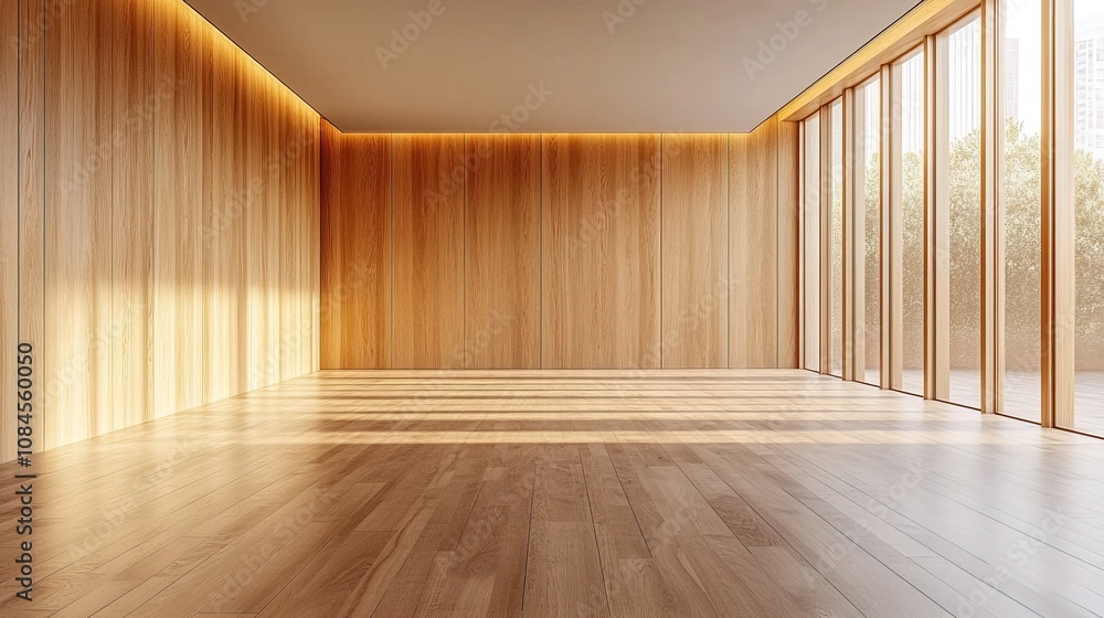 Fototapeta premium Empty minimalist room with wood panel walls