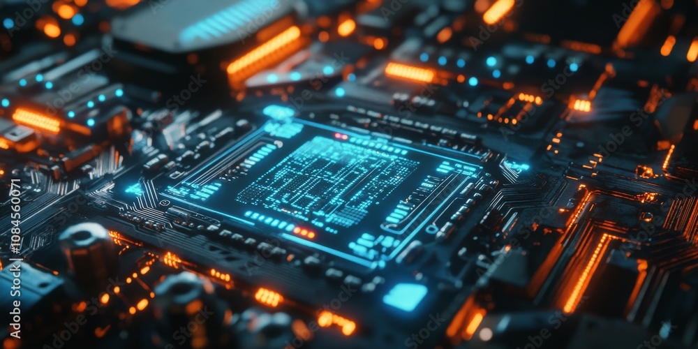 Abstract composition of glowing circuit boards and microchips in a digital environment at night Abstract composition of glowing circuit boards and microchips in a digital environment at night