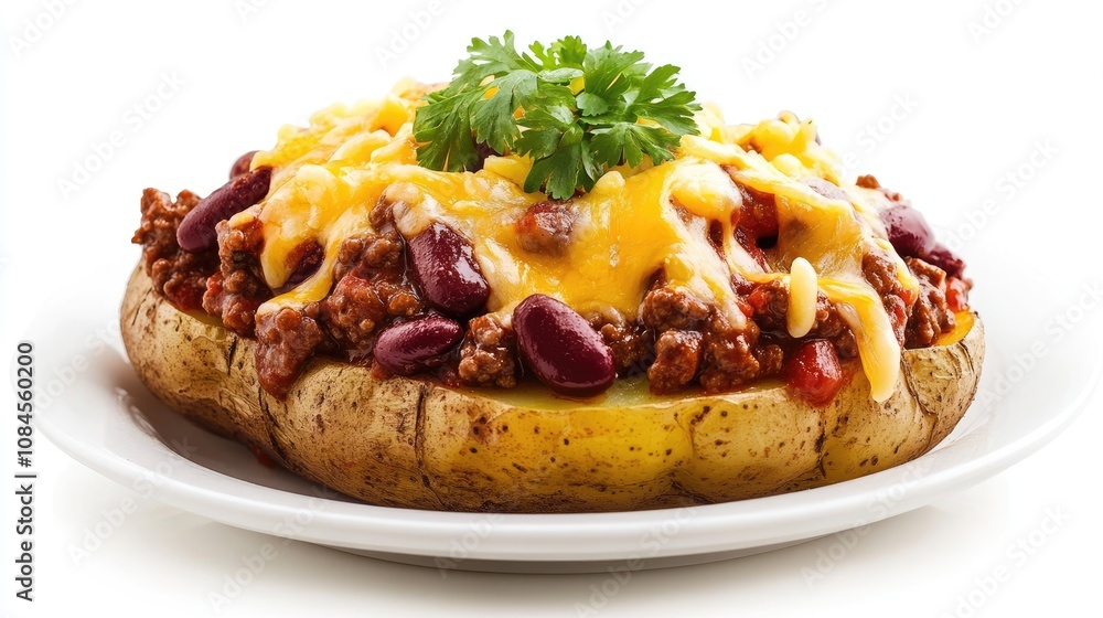 Photo of a delicious baked potato dish with chili con carne and cheese, isolated on a white background. Photo of a delicious baked potato dish with chili con carne and cheese, isolated on a white background.