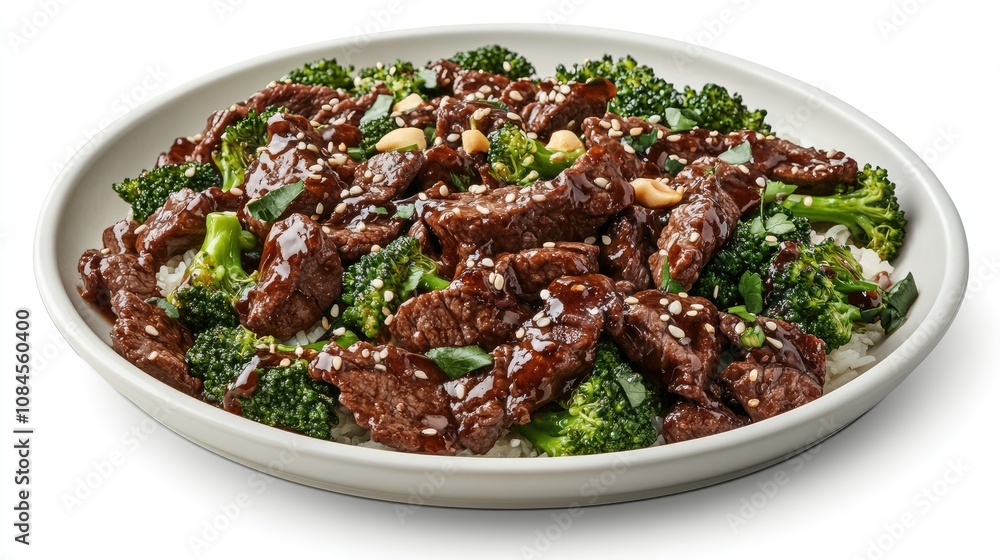 Photo of delicious stir-fried beef with broccoli isolated on white background Photo of delicious stir-fried beef with broccoli isolated on white background
