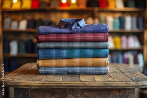 Stacked folded shirts in various patterns displayed on a wooden table in a re...
