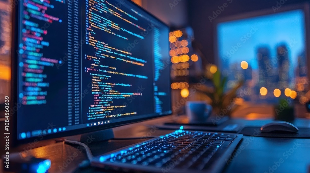 A luminous monitor with dynamic code stands against a glowing city skyline, featuring the harmony between tech-driven work and urban life atmosphere. A luminous monitor with dynamic code stands against a glowing city skyline, featuring the harmony between tech-driven work and urban life atmosphere.