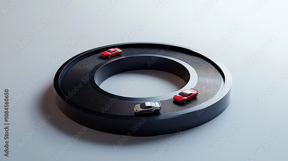 Minimalist image of a round Polisstyle toy race track, The track itself is plain black and has toy racing cars on it Minimalist image of a round Polisstyle toy race track, The track itself is plain black and has toy racing cars on it