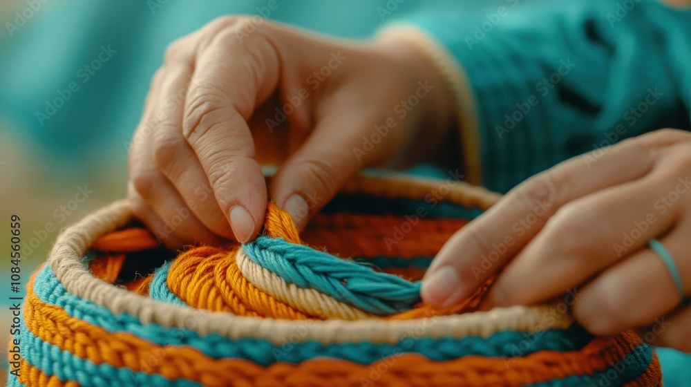 Hands weaving colorful yarn into a vibrant basket, AI Hands weaving colorful yarn into a vibrant basket, AI