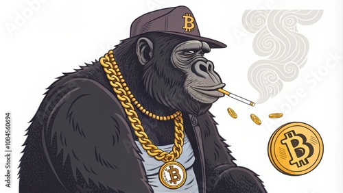 A Luxurious Gorilla Wearing a Bitcoin Necklace Smokes a Cigarette Surrounded by Floating Tokens. Generative AI photo