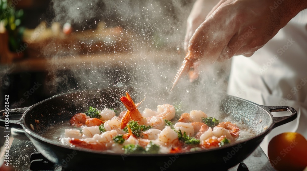 Photo of seafood, professional chef preparing shrimp with green beans, seafood cooking, healthy food Photo of seafood, professional chef preparing shrimp with green beans, seafood cooking, healthy food