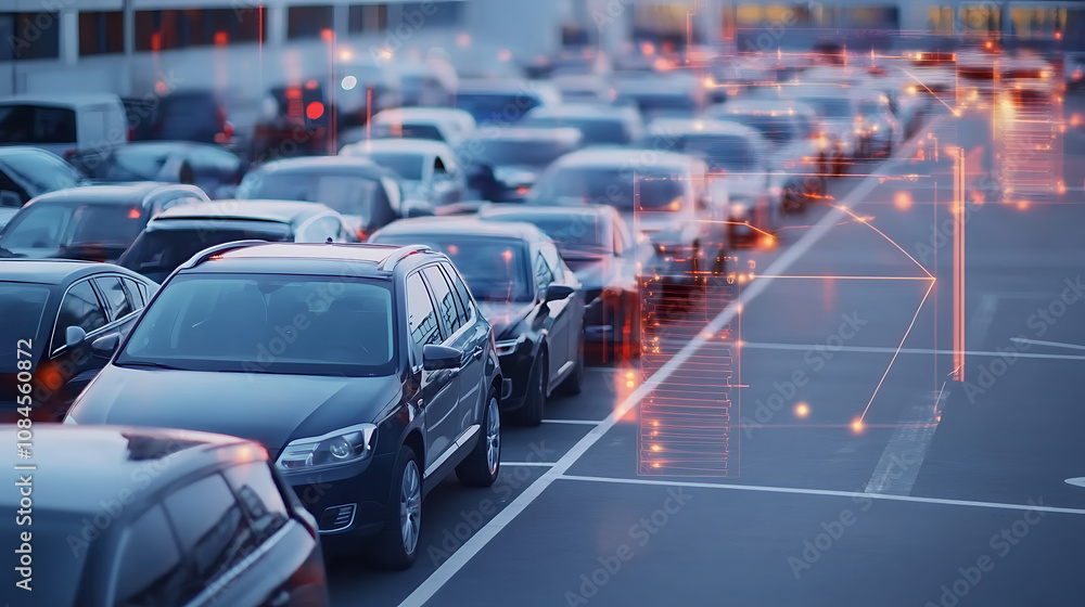 Fototapeta premium Smart LPR camera parking system solutions are visualized, showing automated number plate recognition for barrier-free parking lot management