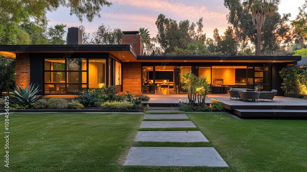 Contemporary ranch style home with twilight lighting and beautiful landscaping Contemporary ranch style home with twilight lighting and beautiful landscaping