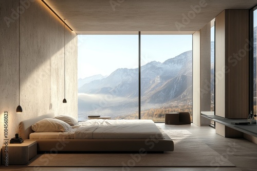 Modern bedroom with a stunning mountain view during daylight in a minimalist ...
