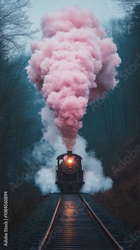A vintage steam train emits vibrant pink smoke while traveling through a colo...