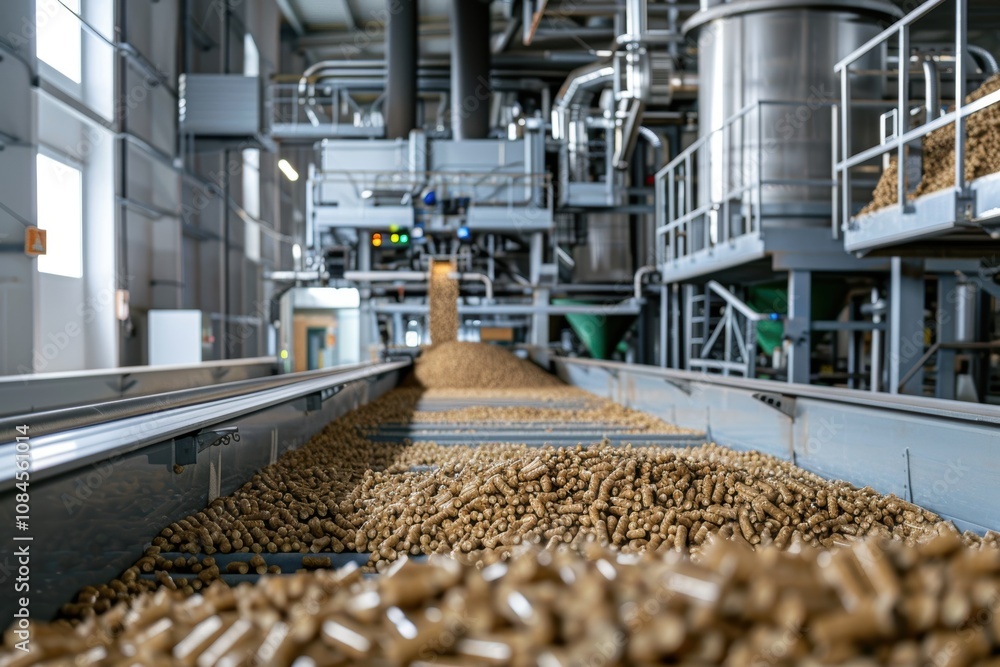 Automated Factory Floor with High-Tech Machinery Processing Industrial Wood Pellets Automated Factory Floor with High-Tech Machinery Processing Industrial Wood Pellets
