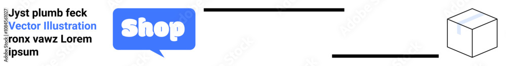 Blue message bubble with the word Shop, black horizontal lines resembling flowchart process, and 3D box outline on the right Ideal for online shopping, e-commerce, shipment tracking, website Blue message bubble with the word Shop, black horizontal lines resembling flowchart process, and 3D box outline on the right Ideal for online shopping, e-commerce, shipment tracking, website