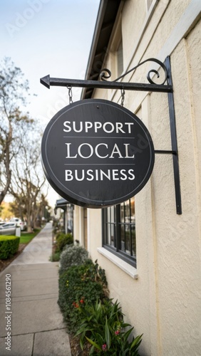 Round Black Sign Promoting Support for Local Businesses Mounted on a Building in a Quaint Neighborhood. Generative AI