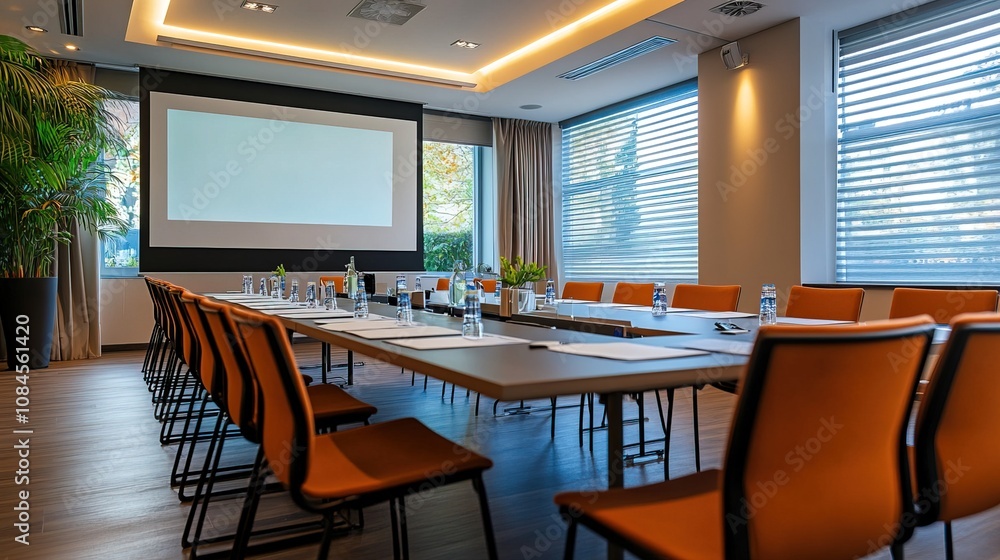 A modern conference room with a large screen, suitable for meetings A modern conference room with a large screen, suitable for meetings