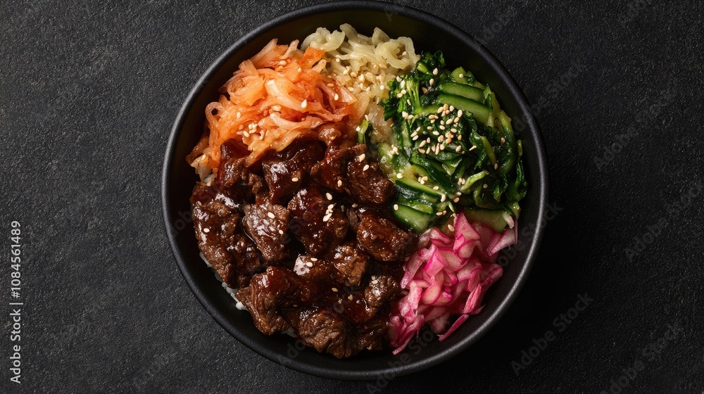Photo of a delicious Korean bibimbap bowl with galbi and pickled vegetables. Photo of a delicious Korean bibimbap bowl with galbi and pickled vegetables.