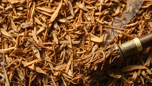 Background from dried tobacco shag for cigarettes and a smoking pipe. Nicotiana rustica shredded. Tobacco texture. Bad habits of people isolated with white highlights, png photo