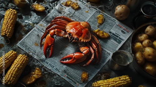 A seafood boil featuring crab legs, shrimp, corn on the cob, and potatoes, served on a newspaper-lined table in ultra-realistic, hyper-detailed 8K fine photography photo