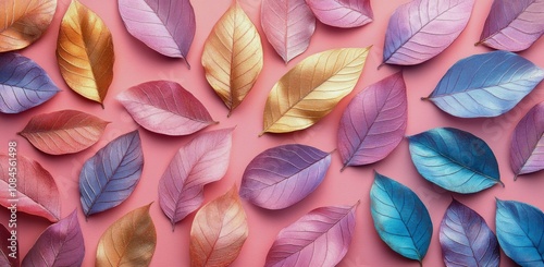 Colorful leaves arranged on a pink background showcasing autumn aesthetics an...