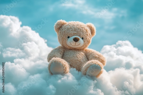 A plush bear sits contently on a fluffy cloud against a bright blue sky in da...