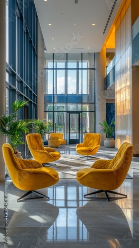 Modern interior with bright yellow chairs under large windows in a spacious l...
