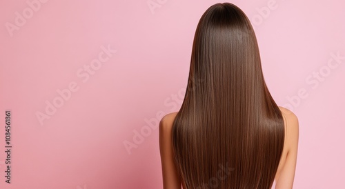 Woman with long straight hair standing against a pink background in a serene ...