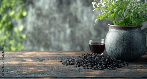 Tea brewing with a ceramic teapot and fresh leaves on a wooden table at a coz...