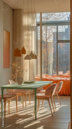 Cozy and modern dining area with natural light and stylish furniture in a bri...