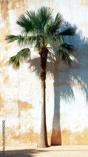 A tall palm tree casting distinct shadows on a textured white wall in bright ...