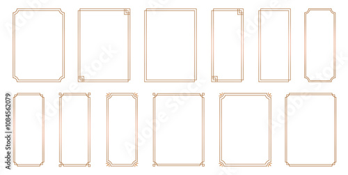 Set of simple, Gold line frames with double stroke. Collection of vertical blank templates to decorate text. Vector borders and frames..eps