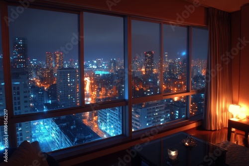 Stunning city view from a high rise building at dusk highlighting illuminated...