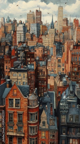 Urban skyline view of historic buildings in a bustling city during the late a...