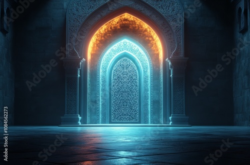 A serene interior with glowing arches and intricate patterns in a tranquil se...