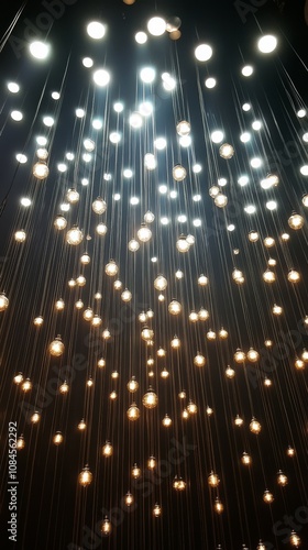 Art installation featuring multiple hanging light bulbs in a darkened room se...
