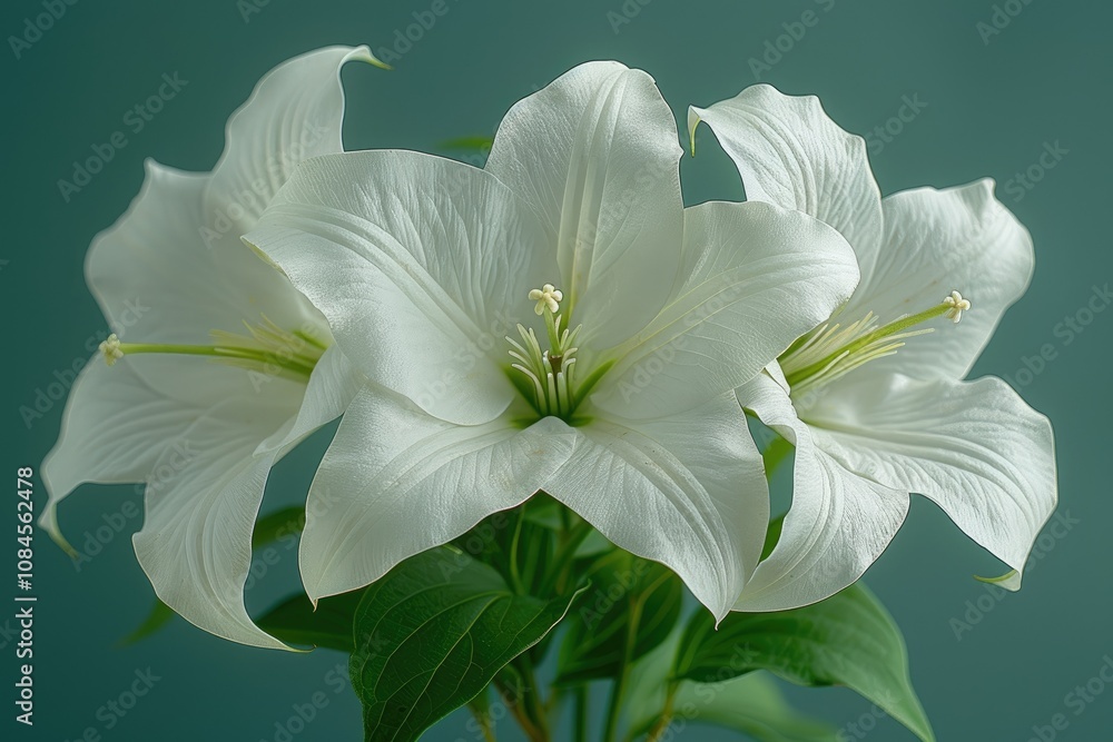 Three White Flowers with Green Leaves Against a Teal Background Three White Flowers with Green Leaves Against a Teal Background