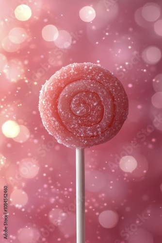 A close up of a pink and white spiral lollipop with a soft pink background du...