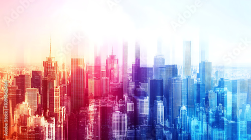 Digital art, gradient background, double exposure of an urban skyline with skyscrapers, multiple blurs and motion effects